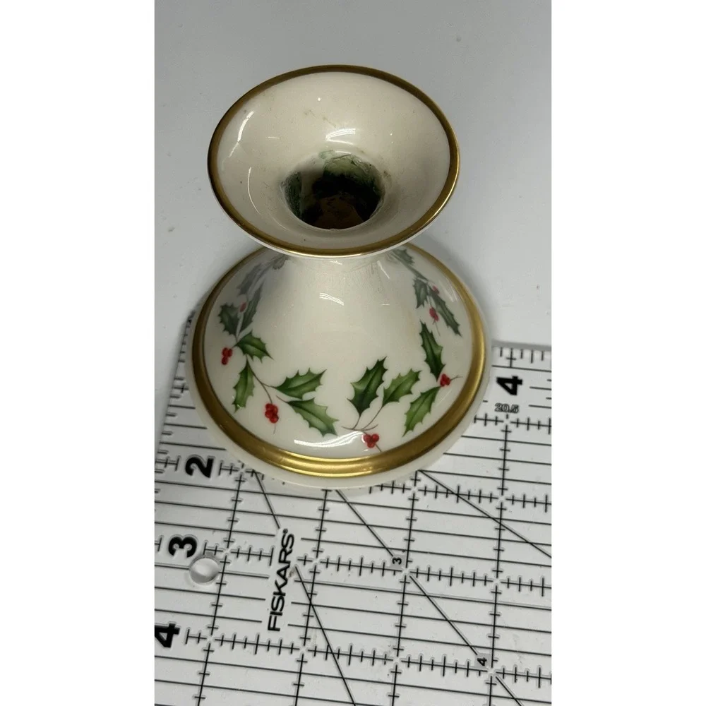 Lenox Holiday Taper Candle Holder Ivory Porcelain Holly Berries Gold Trim USA